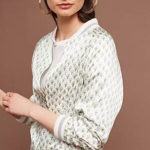 Anthropologie White Bomber Jacket with Green Floral Appliqué